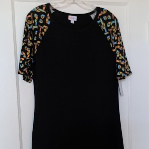 LuLaRoe Black Julia Casual Midi Crew Neck dress Multicolor Sleeves Size Large - Picture 1 of 6